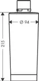 Weißer, vertikaler Behälter mit rundem Deckel, gezeichnet in einfacher, schematischer Darstellung. Markierung für Durchmesser und Höhe sichtbar. Hansgrohe ist als Marke erkennbar.